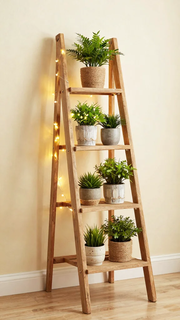 14 Tiered Plant Stand Indoor Ideas Compact - 1. Rustic Wooden Ladder Stand 1