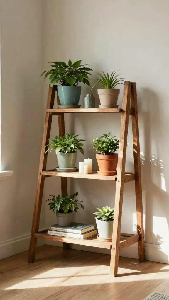 14 Tiered Plant Stand Indoor Ideas Compact - 3. Vintage Ladder Shelf 1