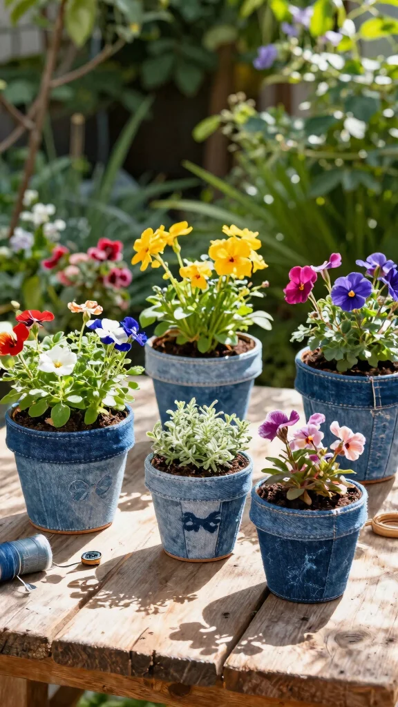 14 Unique Homemade Flower Pots Ideas with Upcycled Materials - 1. Upcycled Denim Planters 1
