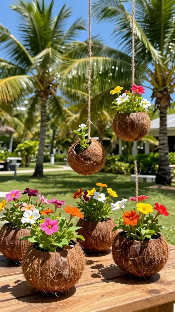 14 Unique Homemade Flower Pots Ideas with Upcycled Materials - 11. Coconut Shell Planters 1