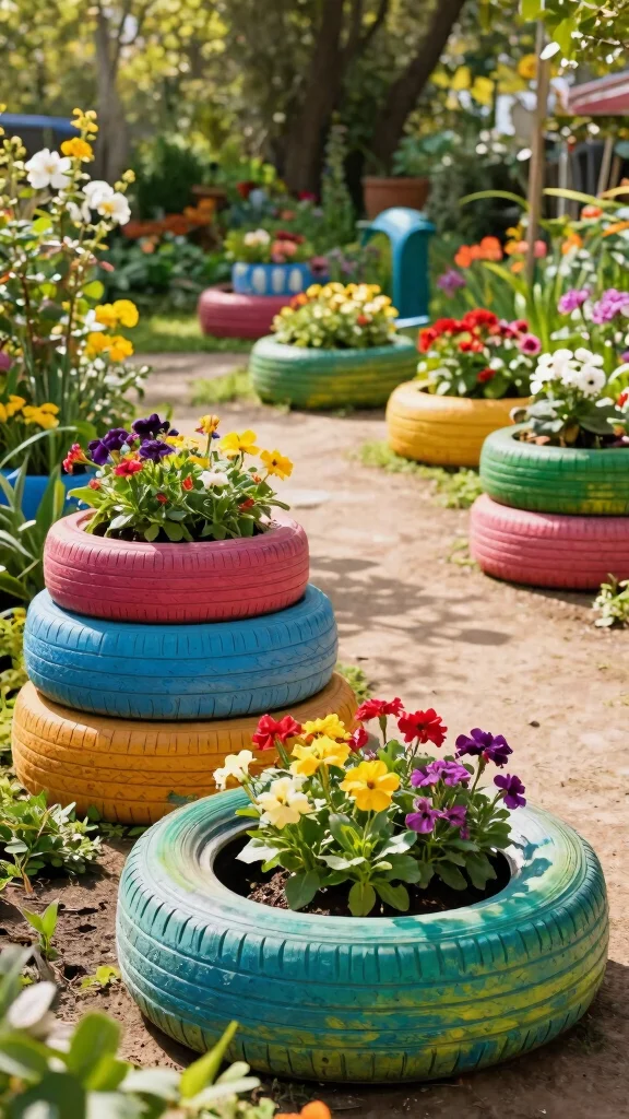 14 Unique Homemade Flower Pots Ideas with Upcycled Materials - 14. Upcycled Tire Planters 1