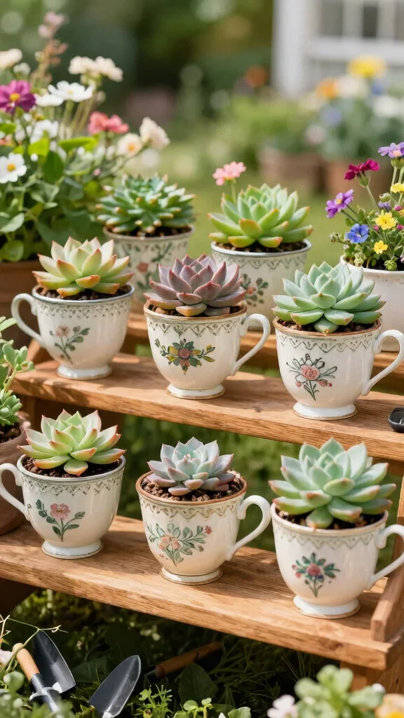14 Unique Homemade Flower Pots Ideas with Upcycled Materials - 2. Vintage Tea Cup Planters 1