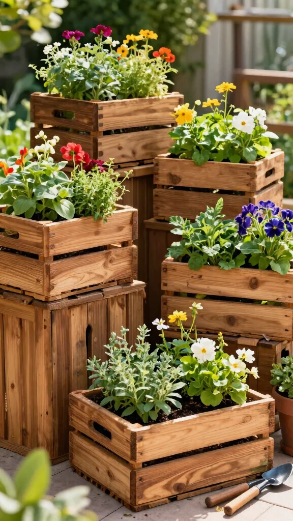 14 Unique Homemade Flower Pots Ideas with Upcycled Materials - 3. Wooden Crate Garden 1