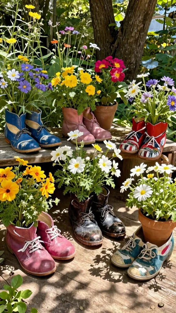 14 Unique Homemade Flower Pots Ideas with Upcycled Materials - 5. Old Shoe Planters 1
