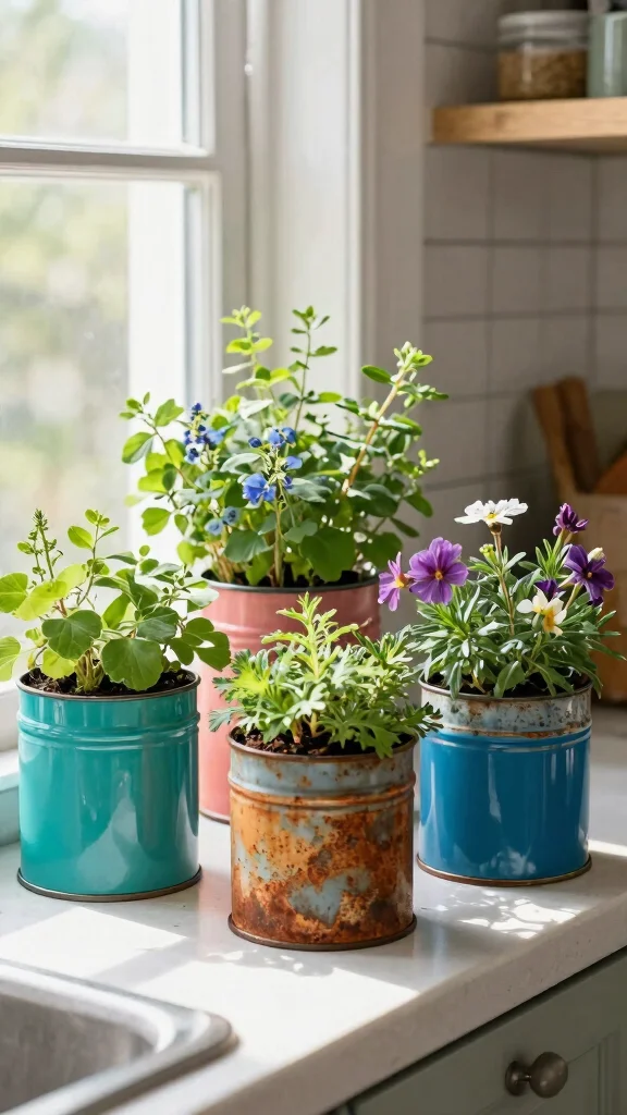 14 Unique Homemade Flower Pots Ideas with Upcycled Materials - 6. Tin Can Planters 1