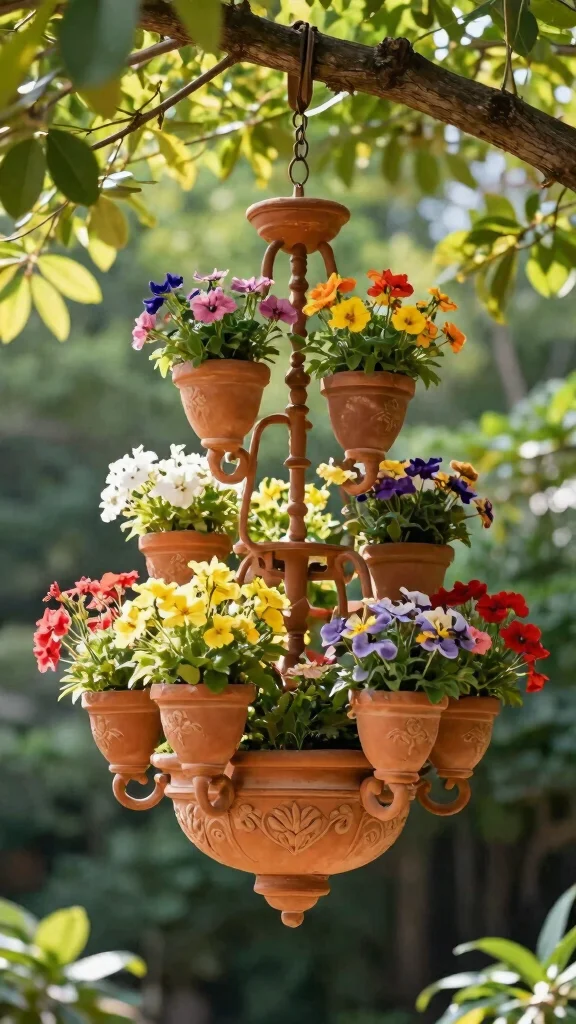 14 Unique Homemade Flower Pots Ideas with Upcycled Materials - 9. Clay Pot Chandelier 1
