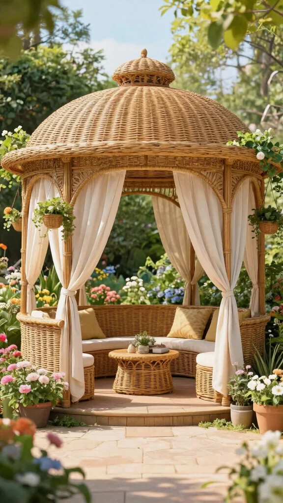14 Wicker Patio Furniture Ideas for Relaxed Gardens - 10. Elegant Wicker Gazebos for Shade 1