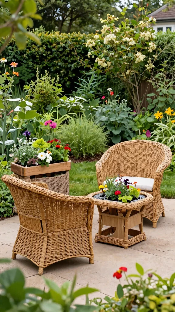 14 Wicker Patio Furniture Ideas for Relaxed Gardens - 11. Wicker Furniture with Built-in Planters 1