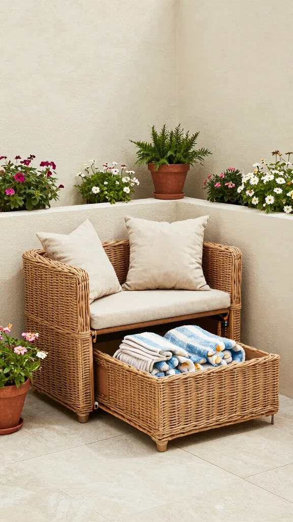 14 Wicker Patio Furniture Ideas for Relaxed Gardens - 6. Wicker Storage Solutions for Clutter-Free Spaces 1