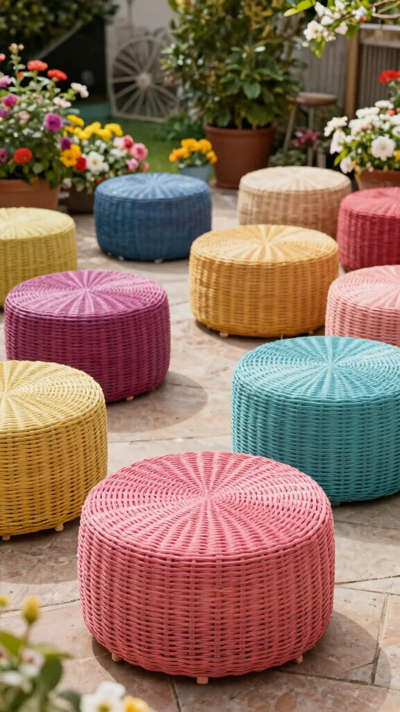 14 Wicker Patio Furniture Ideas for Relaxed Gardens - 7. Playful Wicker Ottomans for Functionality 1