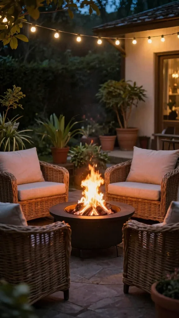 14 Wicker Patio Furniture Ideas for Relaxed Gardens - 9. Cozy Wicker Fire Pit Seating 1