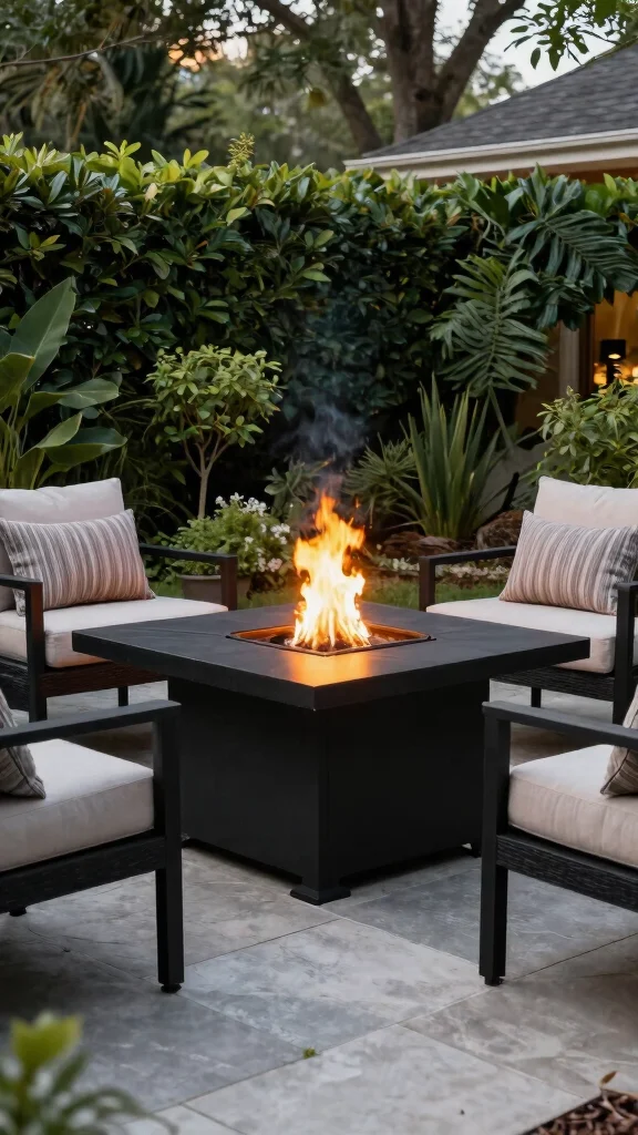 15 Black Patio Furniture Ideas for Modern Patios - 13. Black Outdoor Fire Pit Table 1