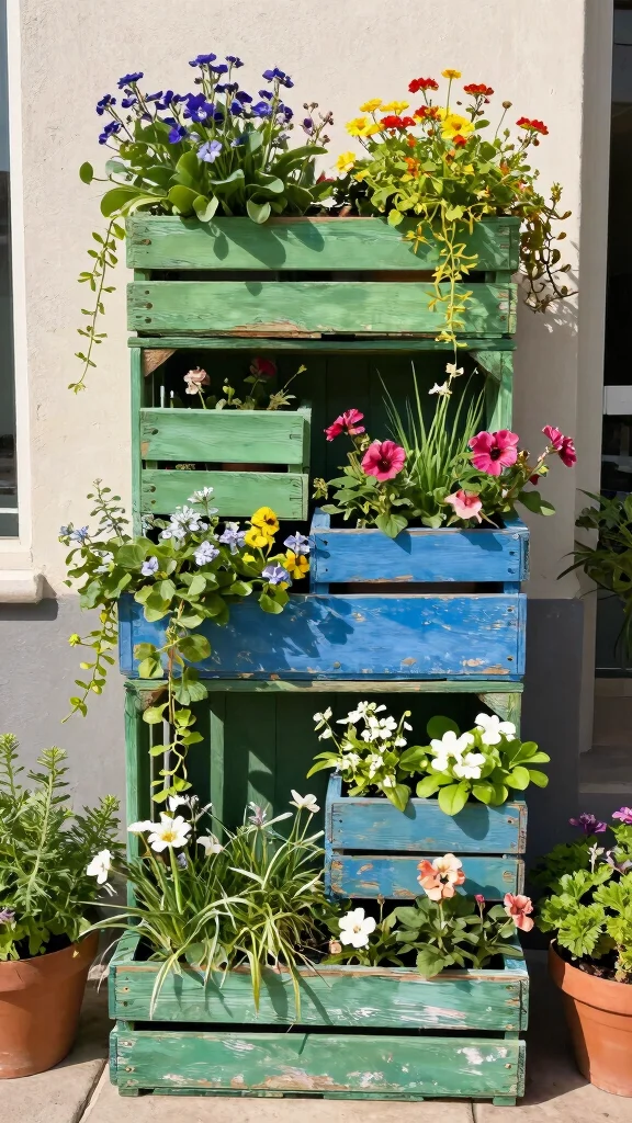 15 Flower Pot Ideas: Creative Arrangements for Vertical Spaces - 1. Stacked Wooden Crates 1