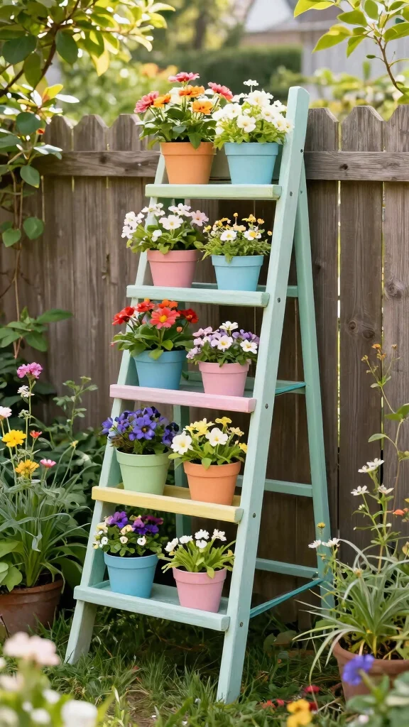 15 Flower Pot Ideas: Creative Arrangements for Vertical Spaces - 10. Ladder Planter Display 1