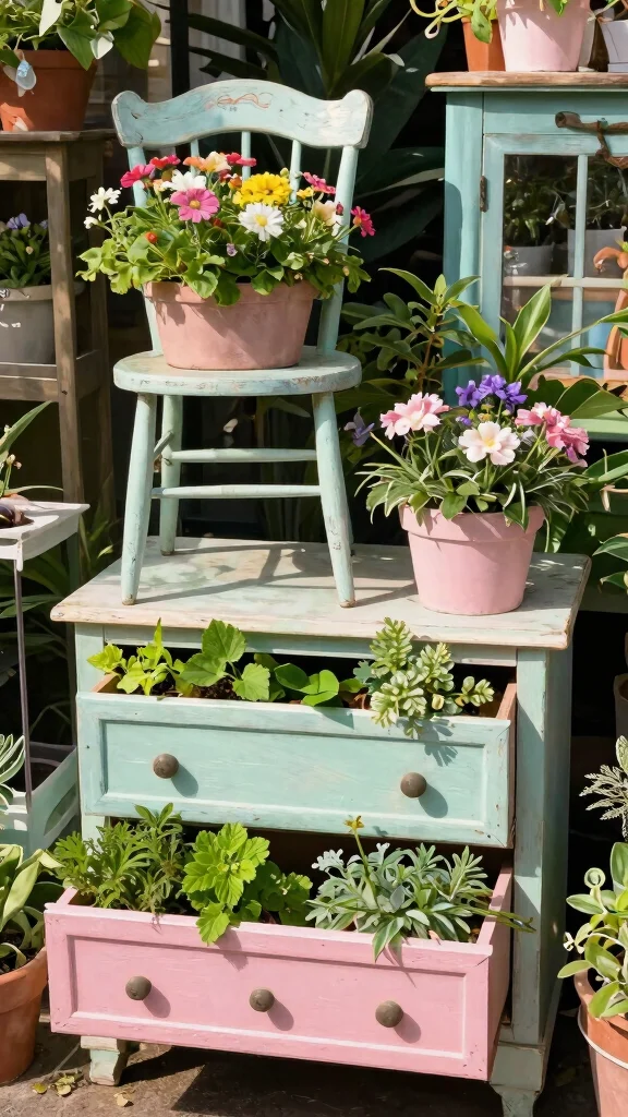 15 Flower Pot Ideas: Creative Arrangements for Vertical Spaces - 14. Creative Use of Old Furniture 1
