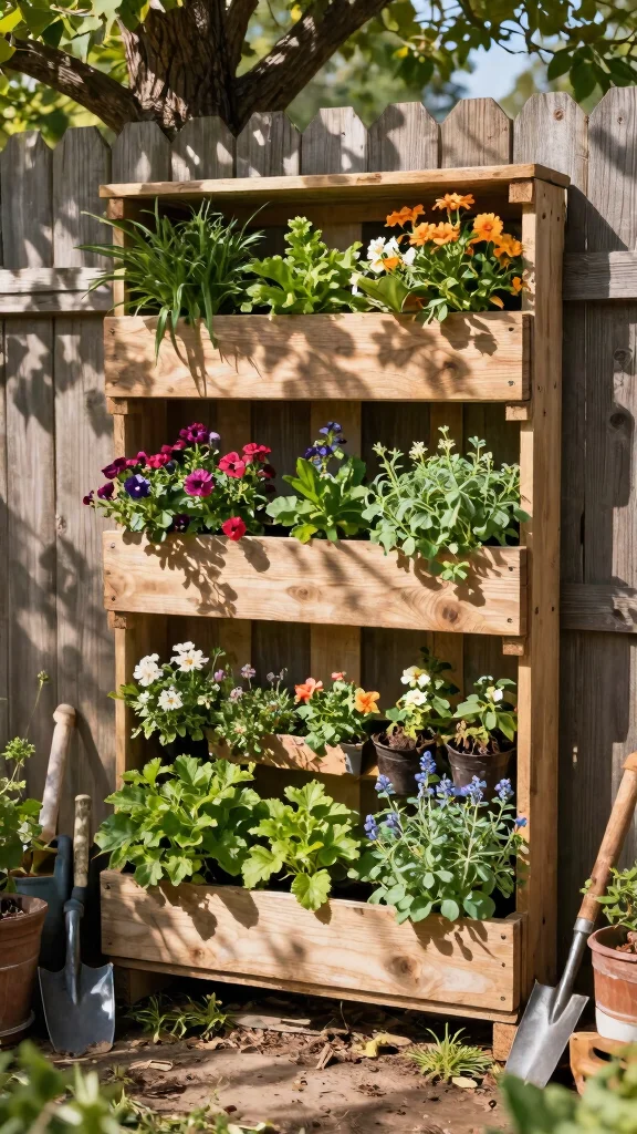 15 Flower Pot Ideas: Creative Arrangements for Vertical Spaces - 4. Pallet Vertical Garden 1