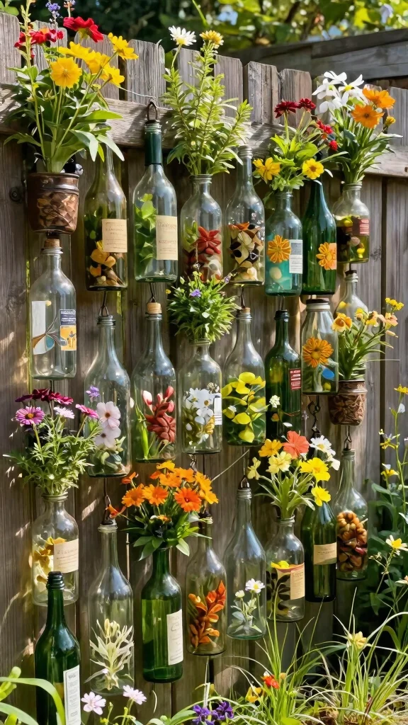 15 Flower Pot Ideas: Creative Arrangements for Vertical Spaces - 7. Recycled Bottles and Jars 1
