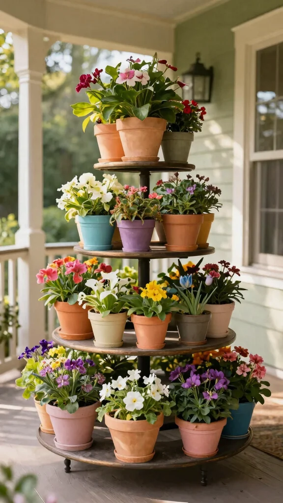 15 Front Porch Flower Pots Ideas Welcoming - 10. Stylish Tiered Plant Stands 1