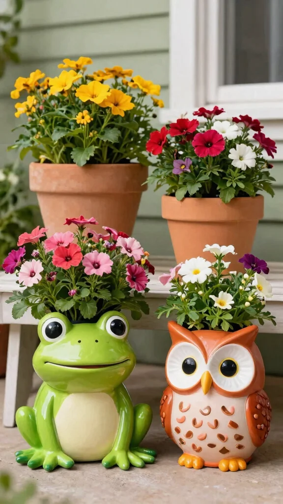 15 Front Porch Flower Pots Ideas Welcoming - 14. Fun Animal-Shaped Pots 1