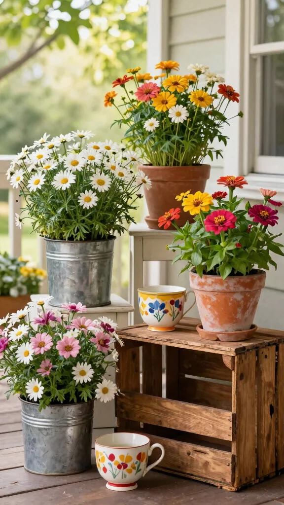 15 Front Porch Flower Pots Ideas Welcoming - 2. Whimsical Vintage Finds 1