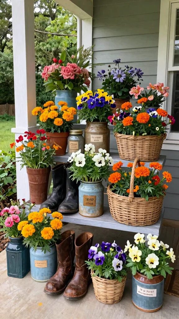 15 Front Porch Flower Pots Ideas Welcoming - 9. Upcycled Containers 1