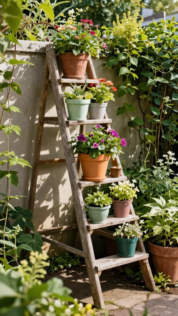 15 Homemade Patio Furniture Ideas: Upcycled Garden Furniture from Repurposed Materials - 14. Wooden Ladder Plant Stand 1