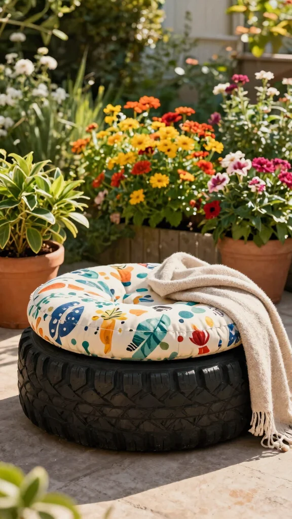 15 Homemade Patio Furniture Ideas: Upcycled Garden Furniture from Repurposed Materials - 2. Tire Ottoman 1