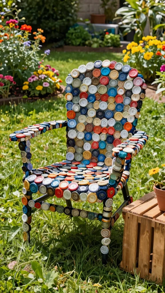 15 Homemade Patio Furniture Ideas: Upcycled Garden Furniture from Repurposed Materials - 6. Bottle Cap Garden Chair 1