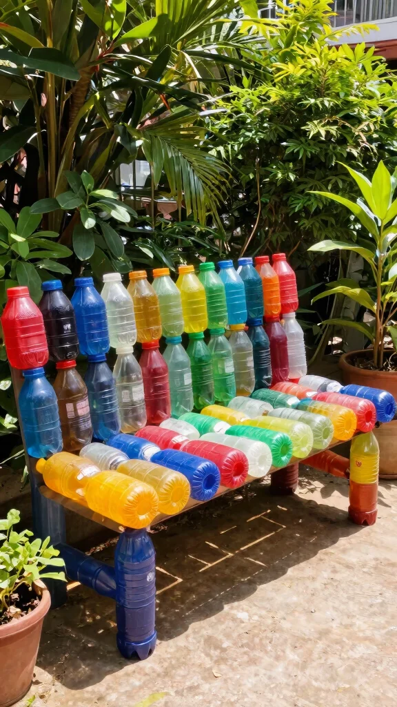 15 Homemade Patio Furniture Ideas: Upcycled Garden Furniture from Repurposed Materials - 9. Plastic Bottle Garden Bench 1