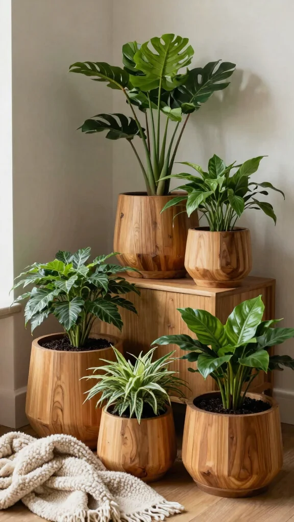 15 Indoor Flower Pots Ideas for Cozy Interiors - 11. Eco-Friendly Wood Pots 1