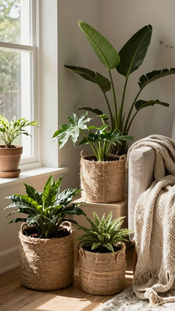 15 Indoor Flower Pots Ideas for Cozy Interiors - 6. Textured Fiber Pots 1