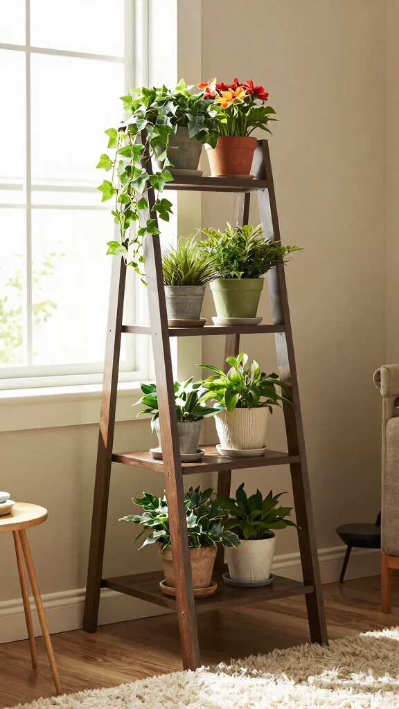15 Indoor Plant Stand Ideas: Tiered Designs for Small Spaces - 3. Ladder Shelf Plant Stand 1