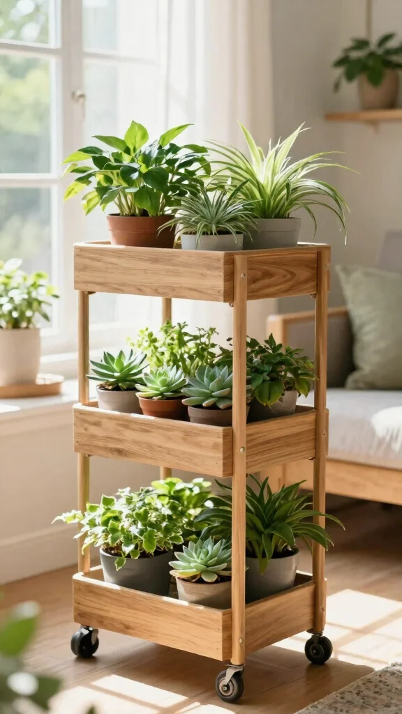 15 Indoor Plant Stand Ideas: Tiered Designs for Small Spaces - 7. Multi-Tiered Plant Cart 1