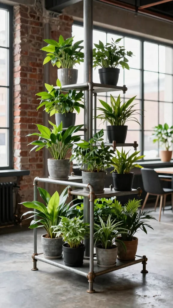 15 Indoor Plant Stand Ideas: Tiered Designs for Small Spaces - 8. Industrial Pipe Plant Stand 1