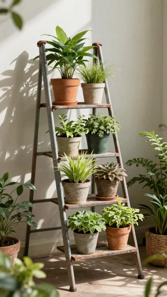 15 Iron Plant Stand Ideas for Rustic, Strong Spaces - 11. Rustic Metal Ladder Stands 1