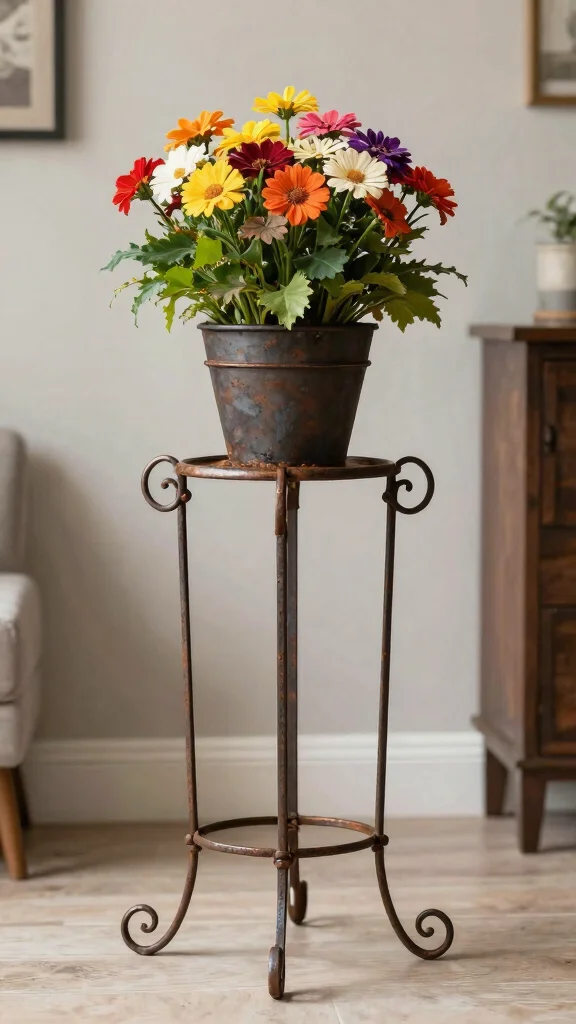 15 Iron Plant Stand Ideas for Rustic, Strong Spaces - 12. Artistic Iron Sculptural Stands 1