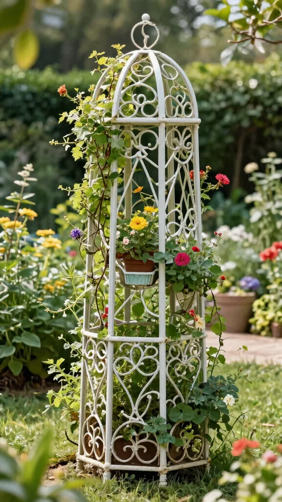 15 Iron Plant Stand Ideas for Rustic, Strong Spaces - 8. Decorative Iron Trellis Stands 1