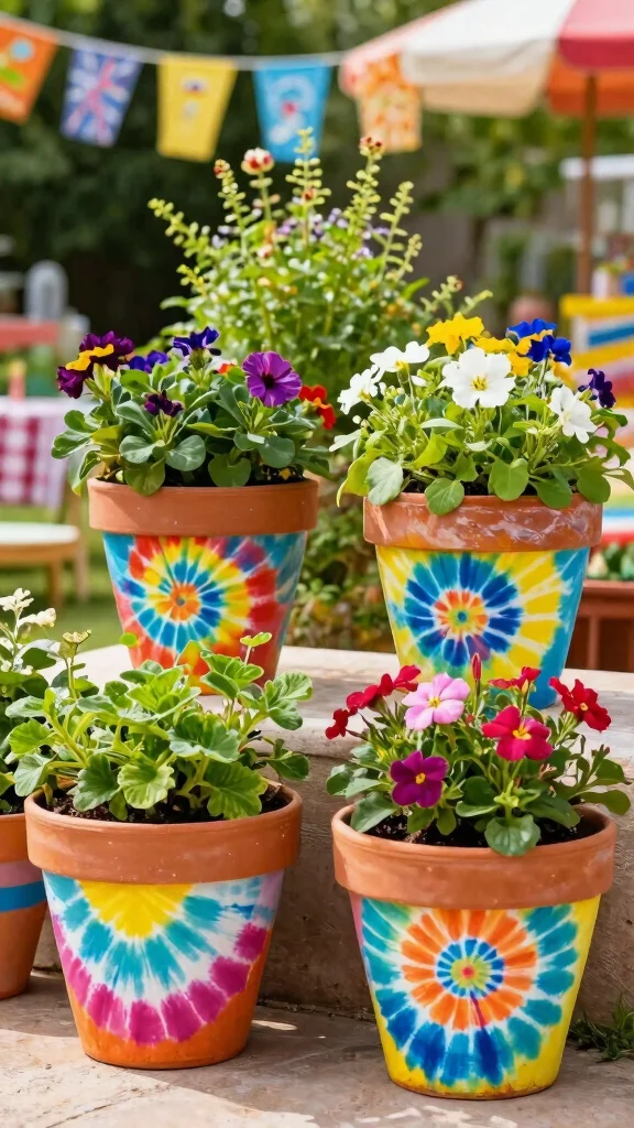 15 Painted Flower Pots Terra Cotta Designs - 9. Tie-Dye Fiesta 1