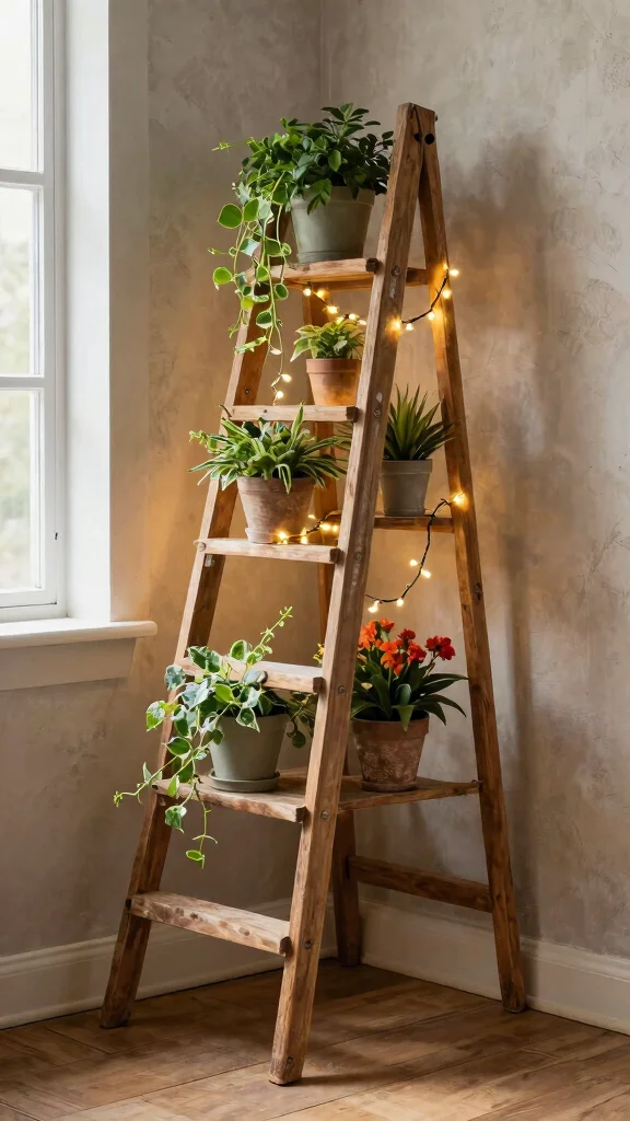 15 Rustic Plant Stand Ideas Farmhouse Style - 1. Ladder Plant Stand 1