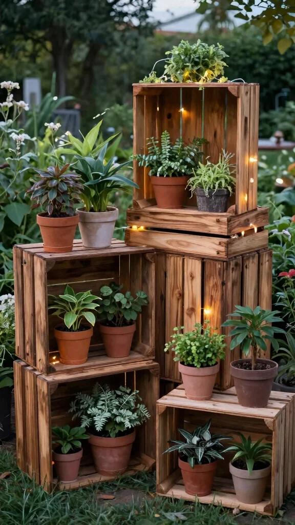 15 Rustic Plant Stand Ideas Farmhouse Style - 10. Upcycled Wine Crates 1