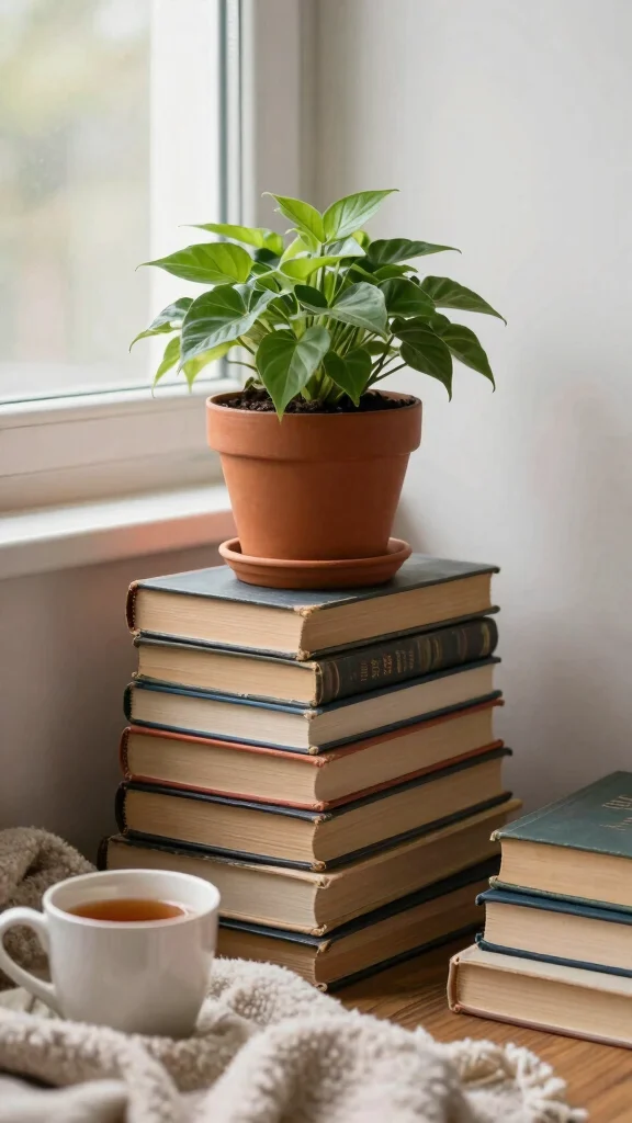 15 Rustic Plant Stand Ideas Farmhouse Style - 12. Rustic Book Plant Stands 1