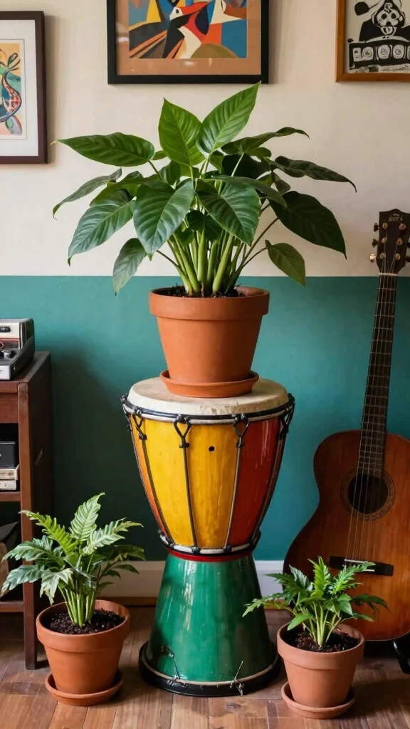 15 Rustic Plant Stand Ideas Farmhouse Style - 14. Drum Plant Stand 1