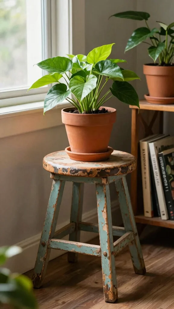 15 Rustic Plant Stand Ideas Farmhouse Style - 4. Vintage Stool Stand 1